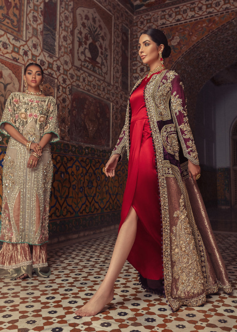 Pakistani Deep Plum Gold Embroidered Velvet Jacket & Red Silk Gown (2-Piece) - Image 3