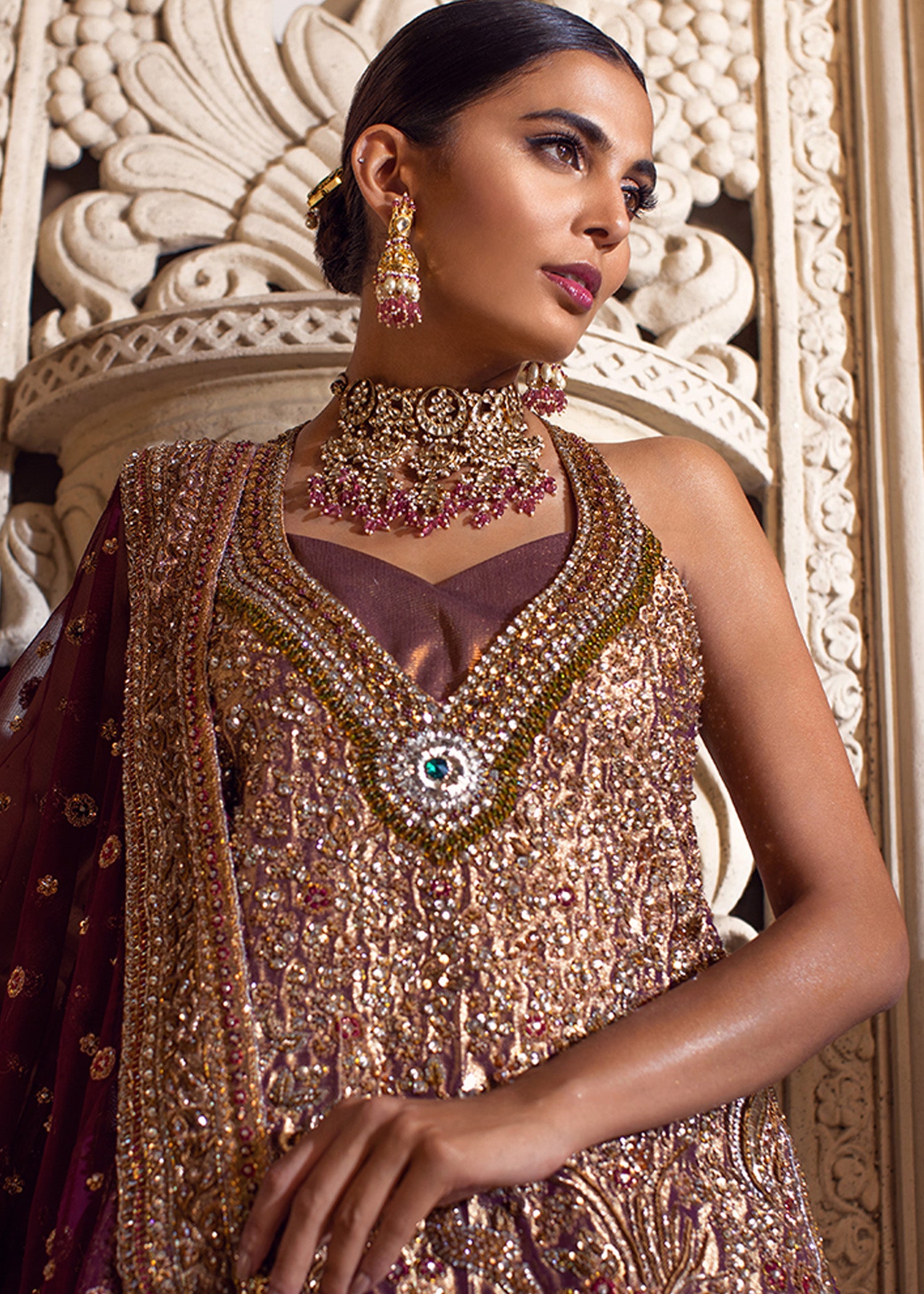 Pakistani Deep Plum Gold Embellished Brocade Lehenga (3-Piece) - Image 2