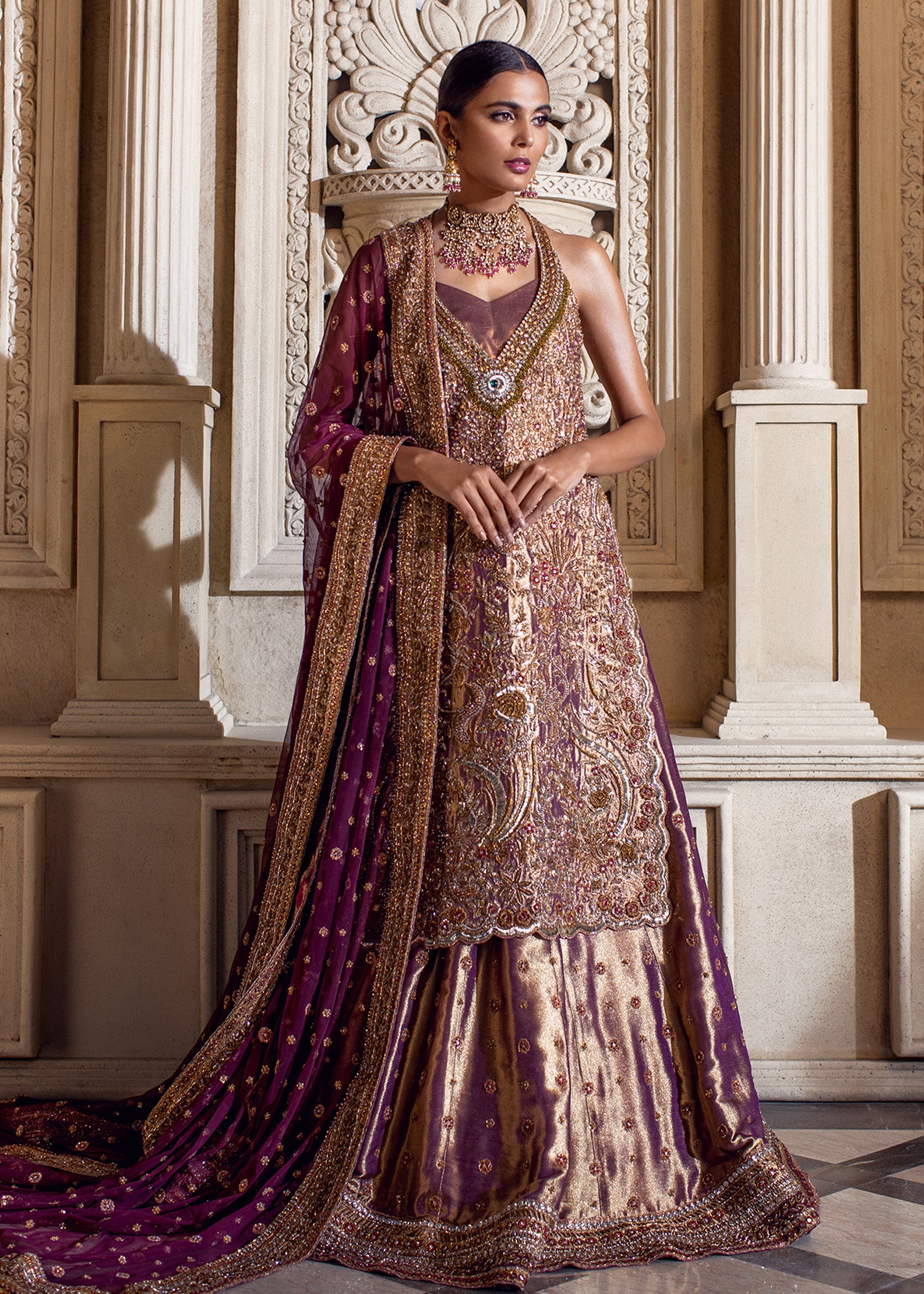 Deep Plum Gold Embellished Bridal Lehenga (3-Piece) - Image 3