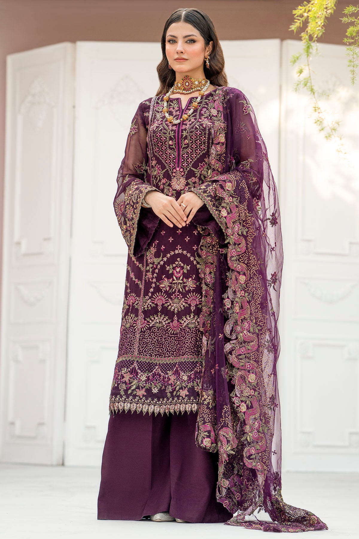 Deep Plum Embroidered Crinkle Chiffon Suit (3-Piece) - Image 1