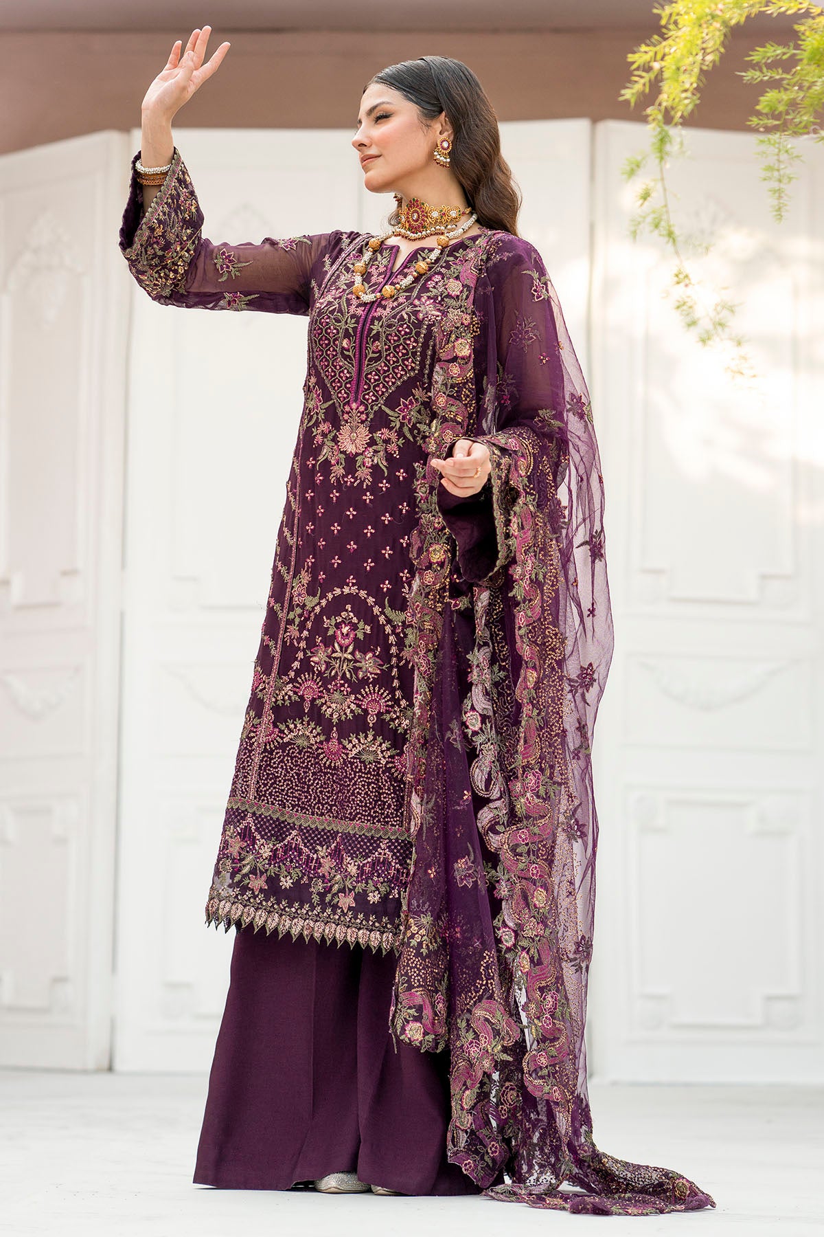 Deep Plum Embroidered Crinkle Chiffon Suit (3-Piece) - Image 2