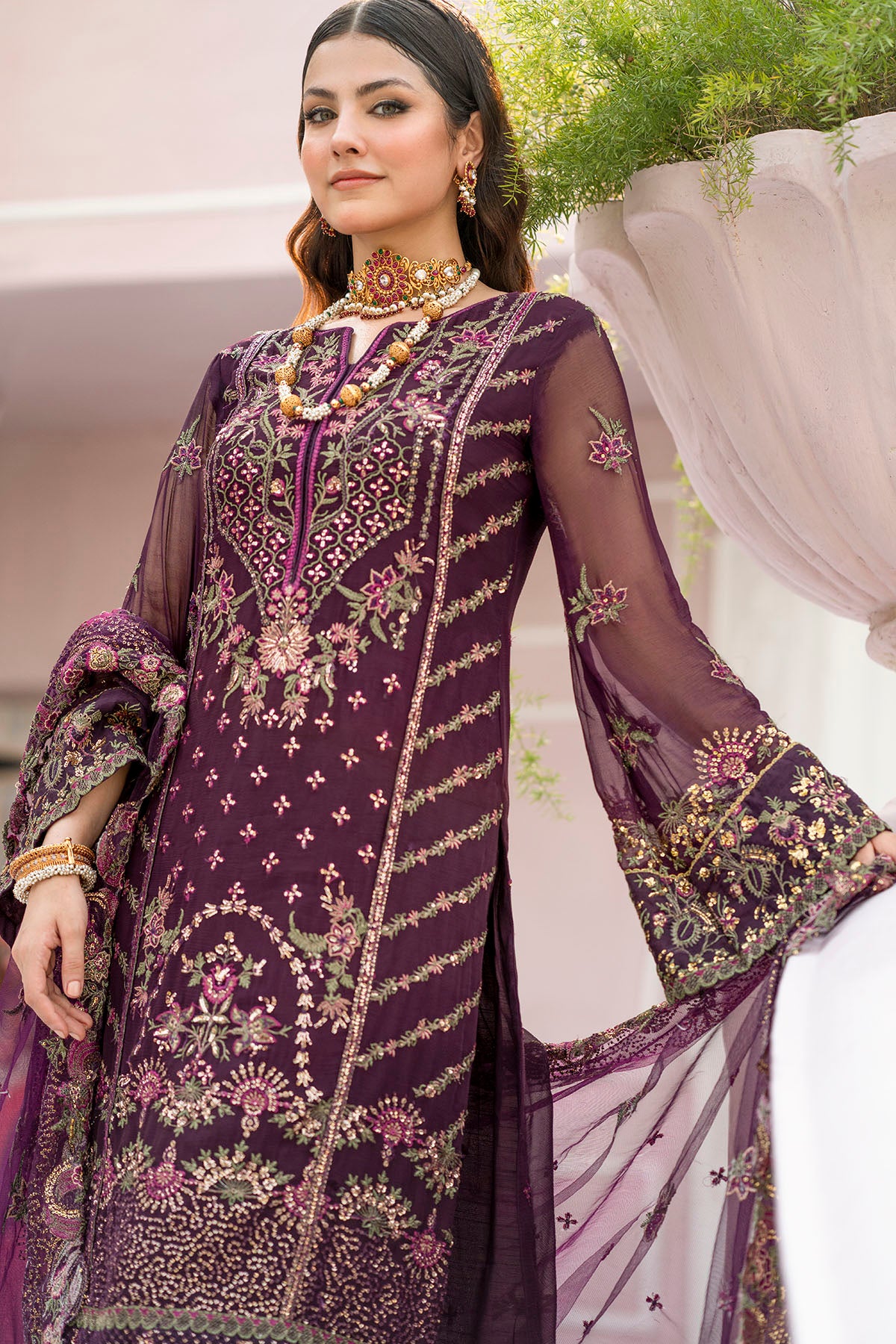 Deep Plum Embroidered Crinkle Chiffon Suit (3-Piece) - Image 3