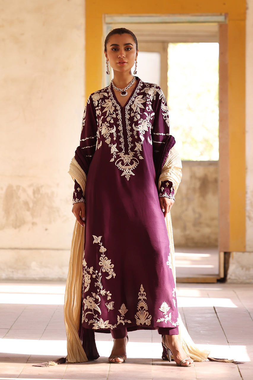 Deep Plum Embroidered Raw Silk Salwar Kameez (3-Piece) - Image 1
