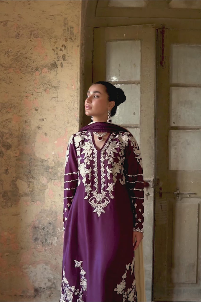 Deep Plum Embroidered Raw Silk Salwar Kameez (3-Piece) - Image 2