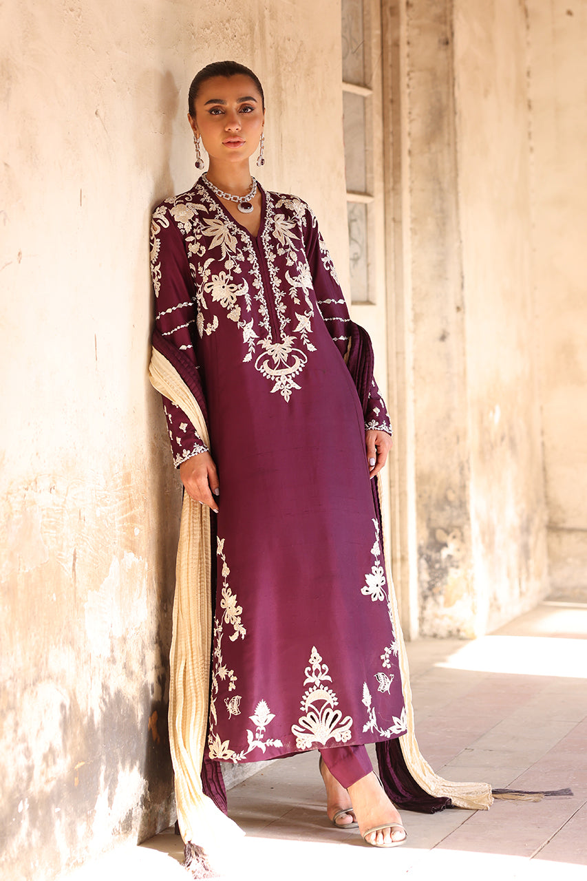 Deep Plum Embroidered Raw Silk Salwar Kameez (3-Piece) - Image 3
