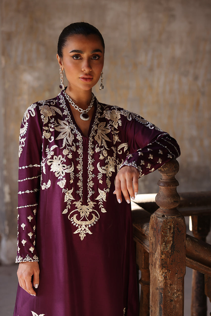 Deep Plum Embroidered Raw Silk Salwar Kameez (3-Piece) - Image 4