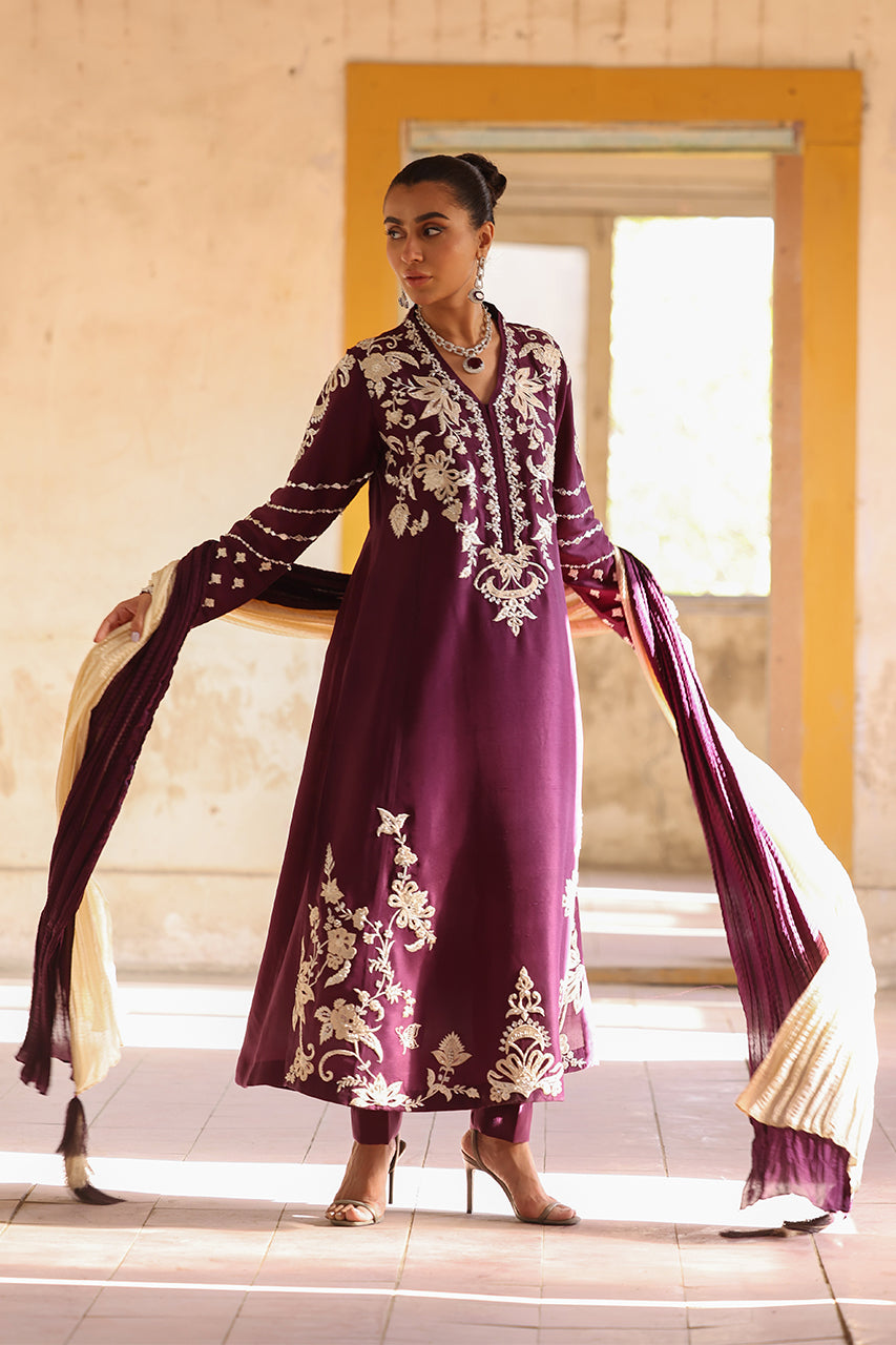 Deep Plum Embroidered Raw Silk Salwar Kameez (3-Piece) - Image 5