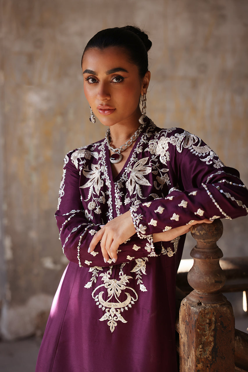 Deep Plum Embroidered Raw Silk Salwar Kameez (3-Piece) - Image 6