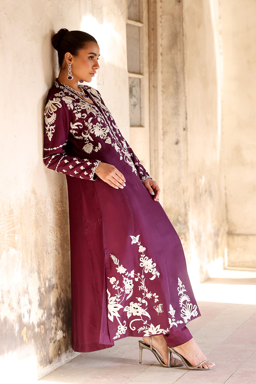 Deep Plum Embroidered Raw Silk Salwar Kameez (3-Piece) - Image 7