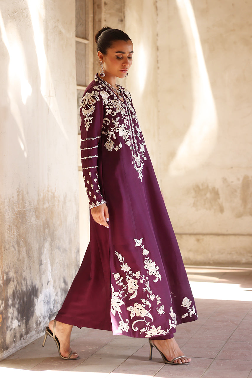 Deep Plum Embroidered Raw Silk Salwar Kameez (3-Piece) - Image 8
