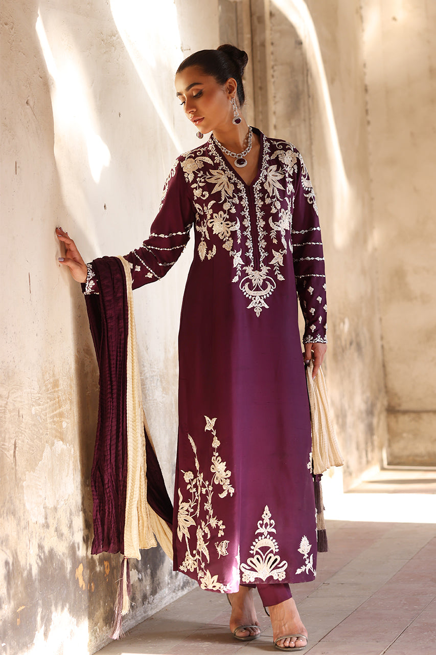 Deep Plum Embroidered Raw Silk Salwar Kameez (3-Piece) - Image 9