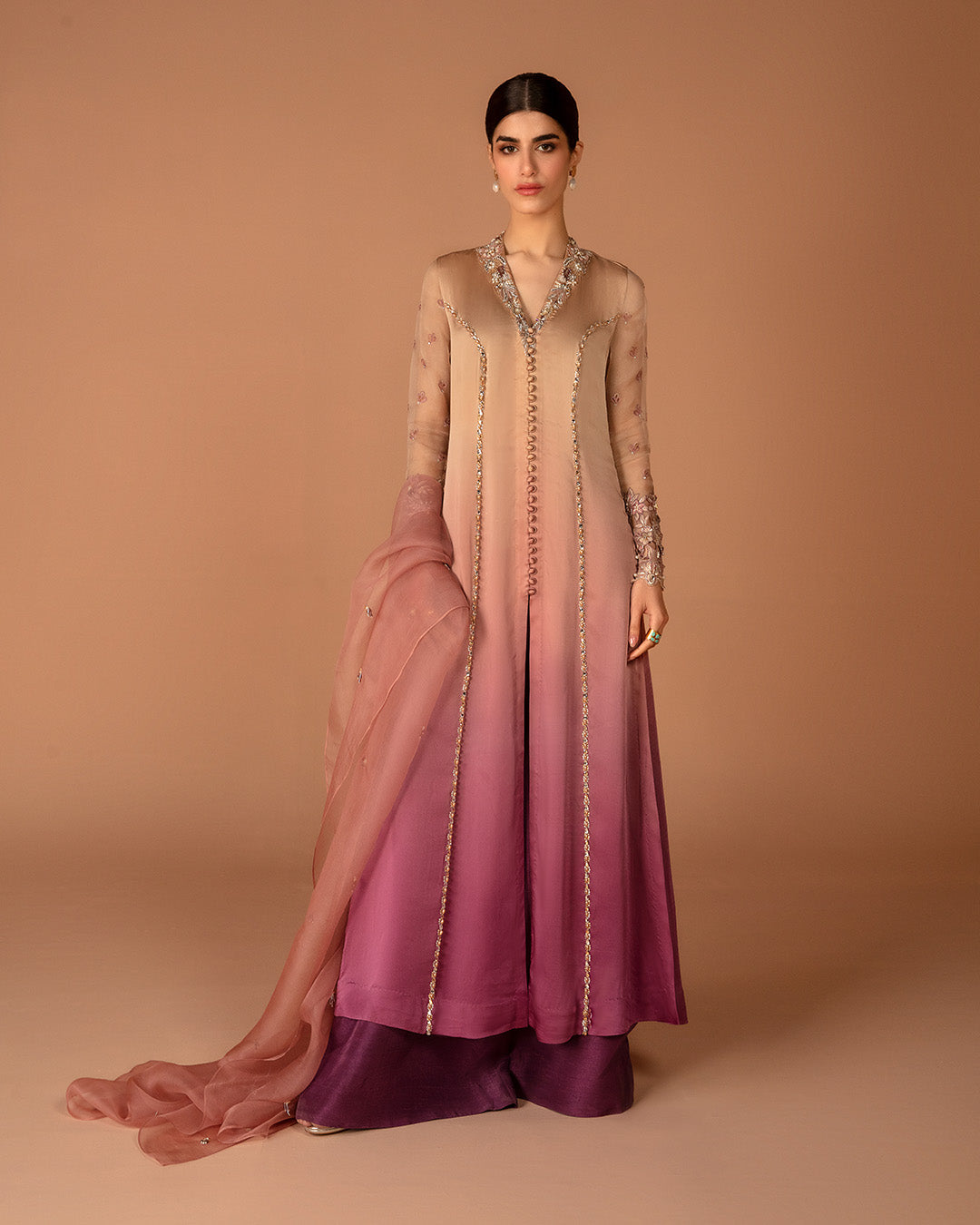 Beige-Plum Ombre Embroidered Silk Salwar Kameez (3-Piece) - Image 1