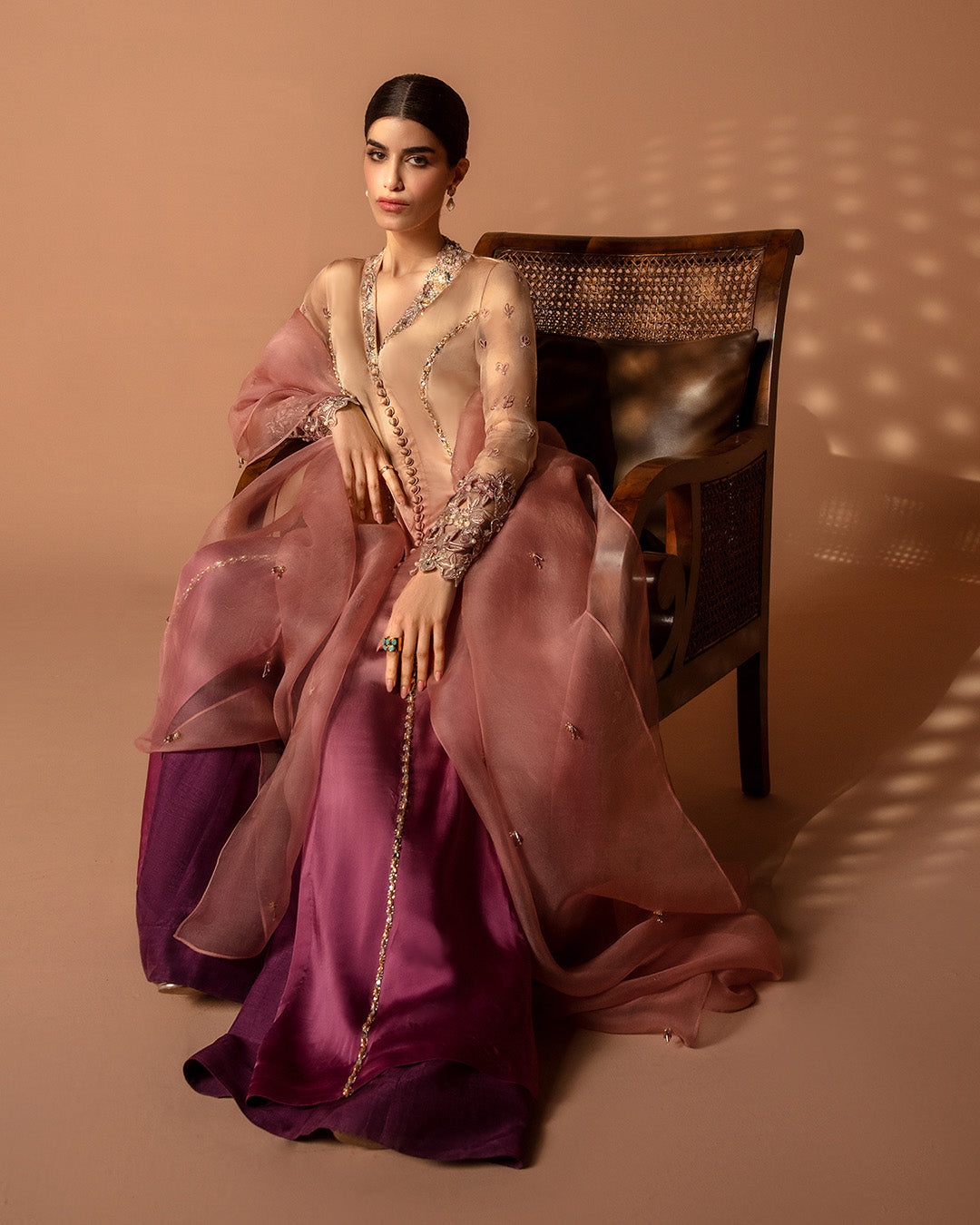 Beige-Plum Ombre Embroidered Silk Salwar Kameez (3-Piece) - Image 2