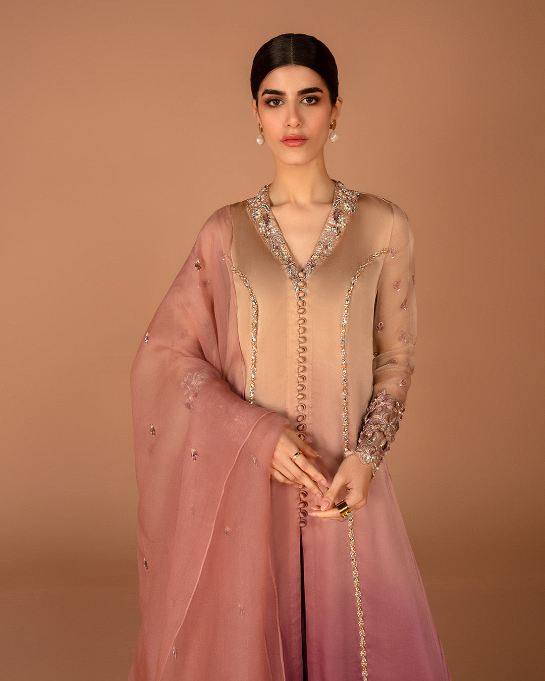 Beige-Plum Ombre Embroidered Silk Salwar Kameez (3-Piece) - Image 3