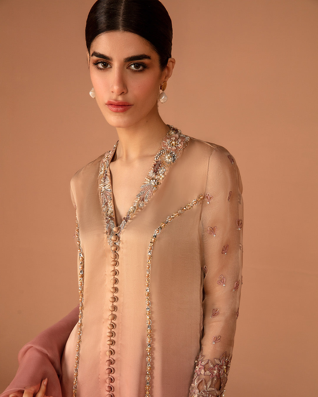 Beige-Plum Ombre Embroidered Silk Salwar Kameez (3-Piece) - Image 4