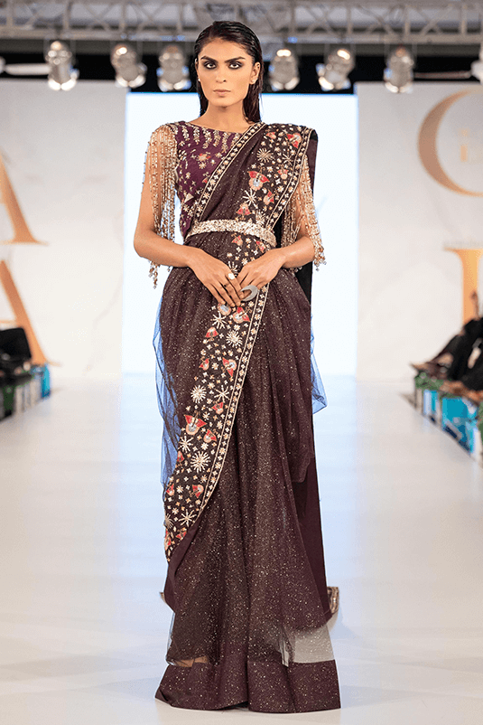 Pakistani Deep Plum Embroidered Shimmer Net Saree (2-Piece) - Image 1