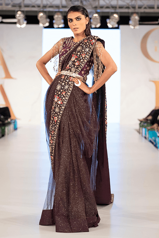 Pakistani Deep Plum Embroidered Shimmer Net Saree (2-Piece) - Image 2