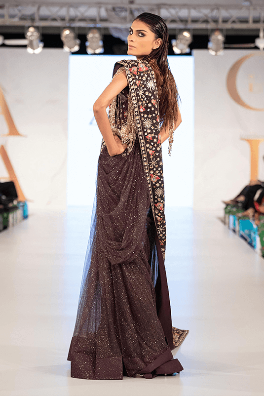 Pakistani Deep Plum Embroidered Shimmer Net Saree (2-Piece) - Image 3