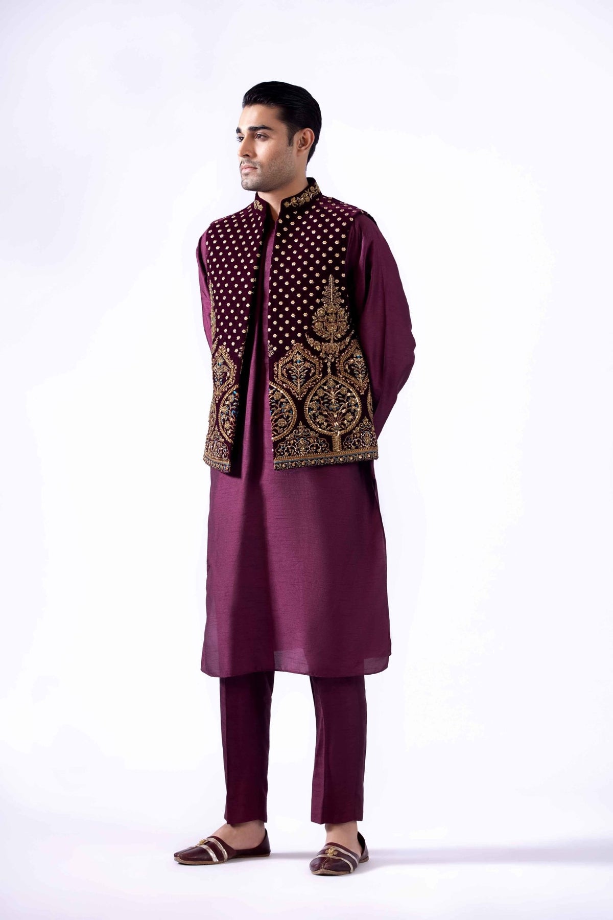 Deep Plum Zardozi Korean Silk Waistcoat Kurta (3-Piece) - Image 1