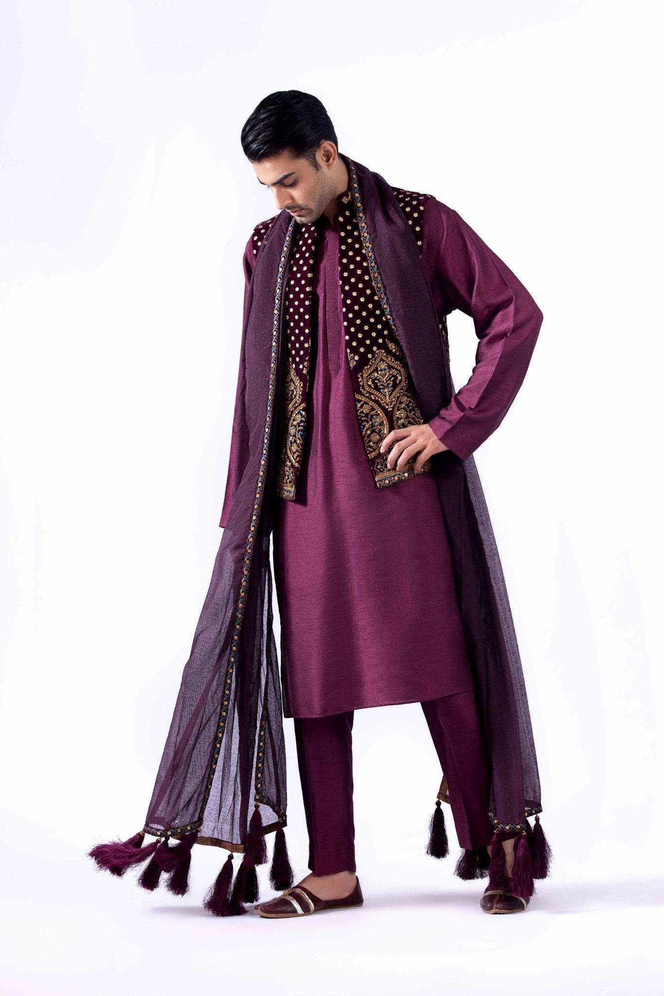 Deep Plum Zardozi Korean Silk Waistcoat Kurta (3-Piece) - Image 3