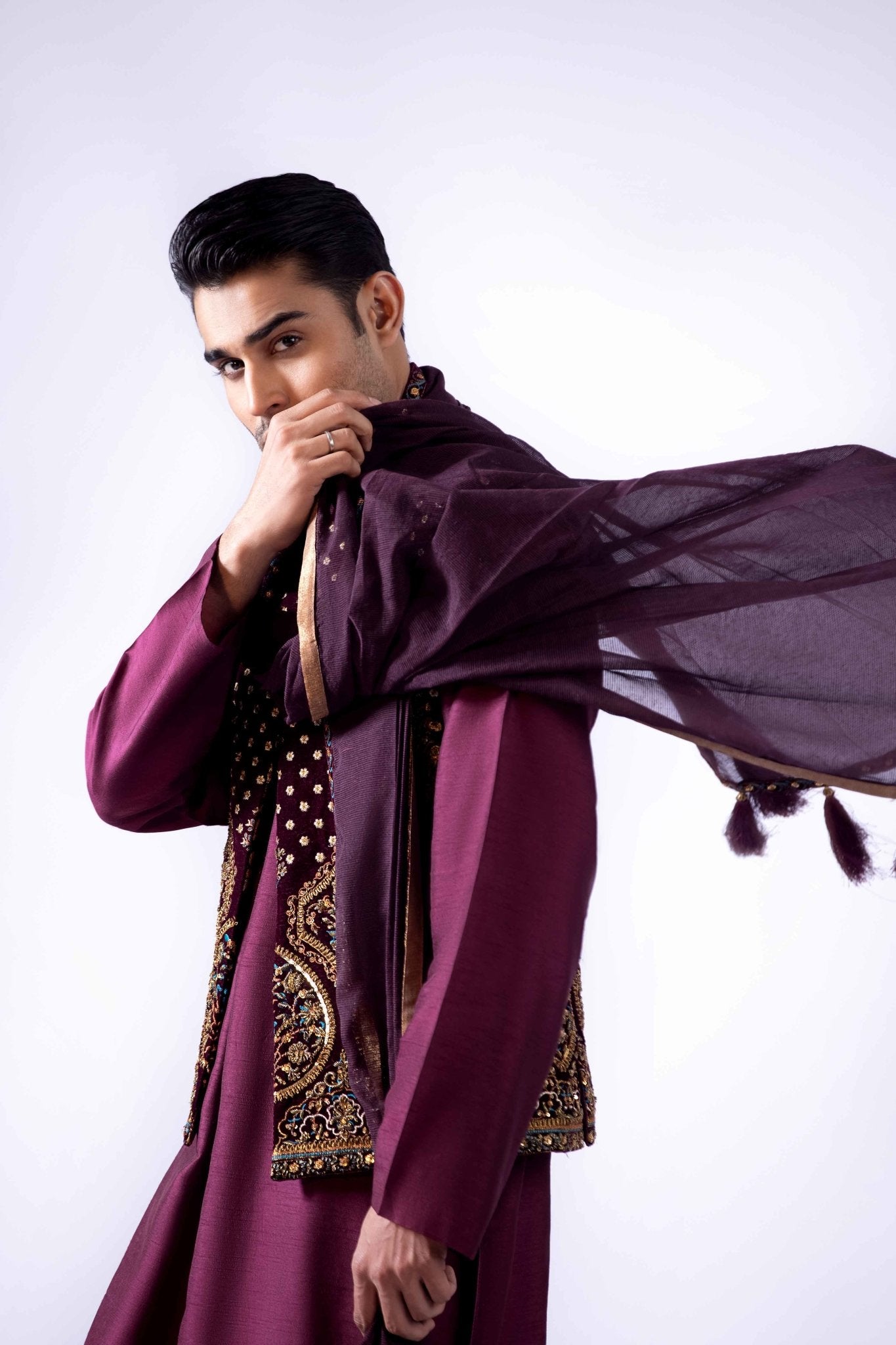 Deep Plum Zardozi Korean Silk Waistcoat Kurta (3-Piece) - Image 4