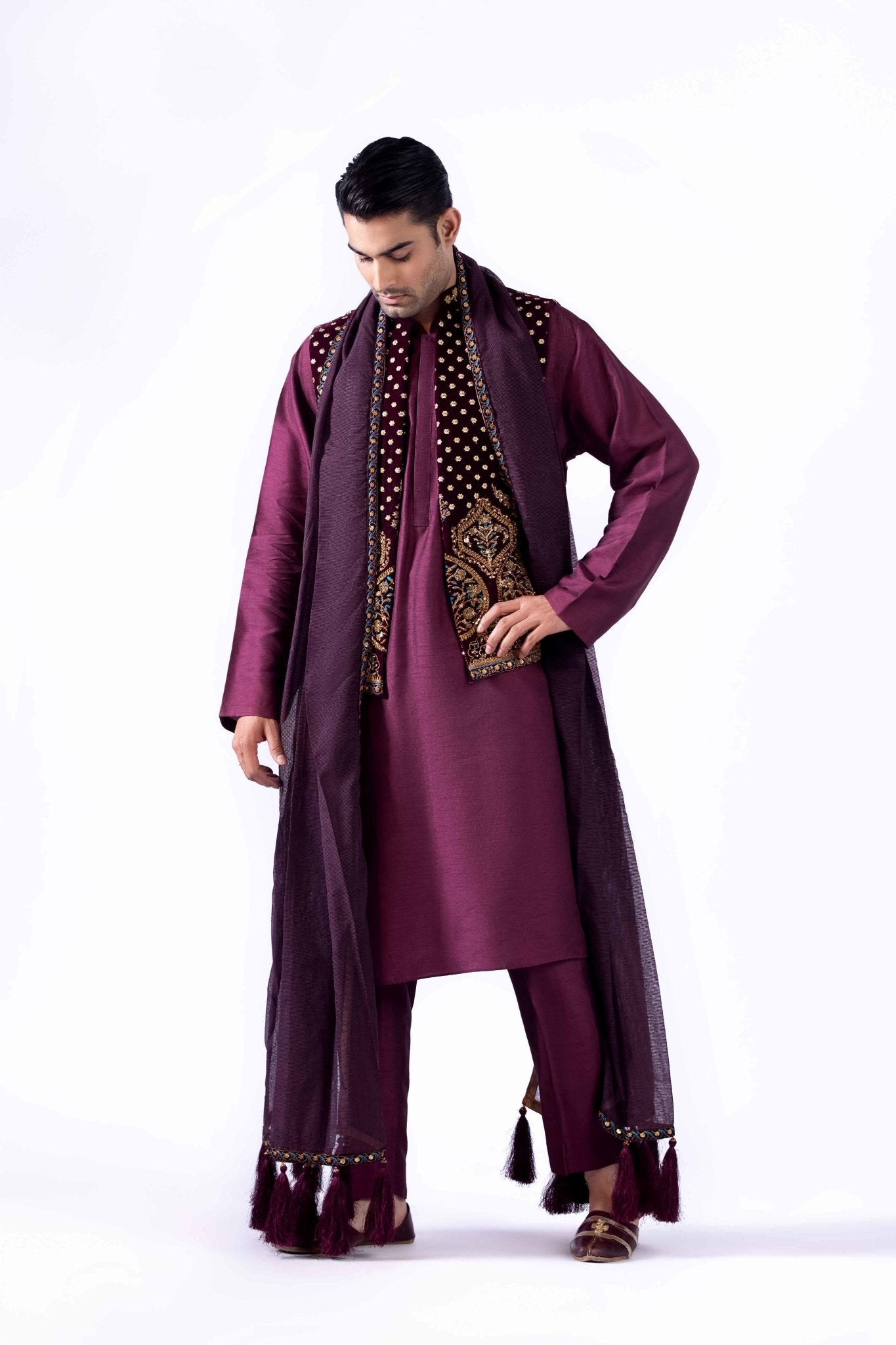 Deep Plum Zardozi Korean Silk Waistcoat Kurta (3-Piece) - Image 6