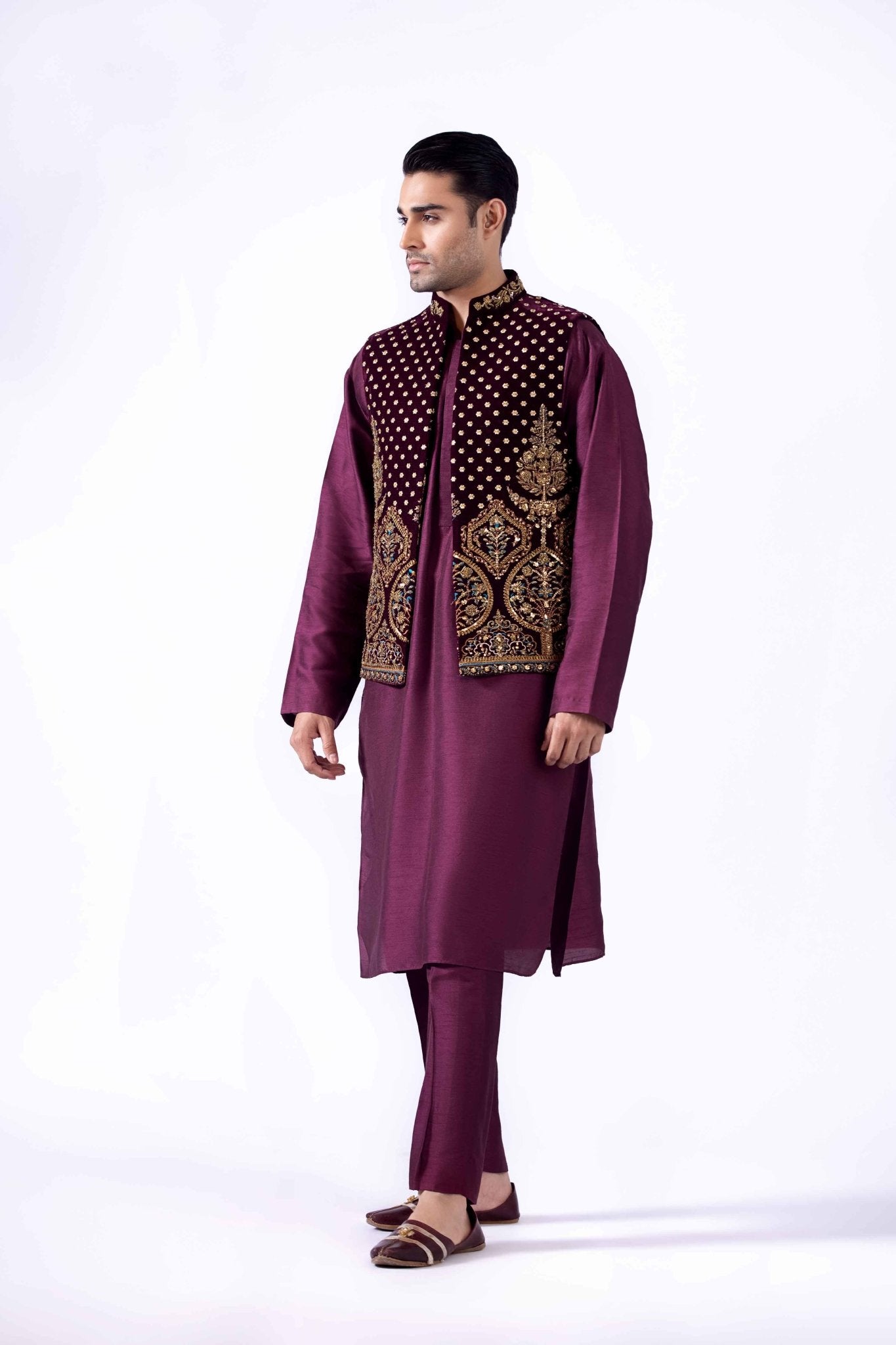 Deep Plum Zardozi Korean Silk Waistcoat Kurta (3-Piece) - Image 7