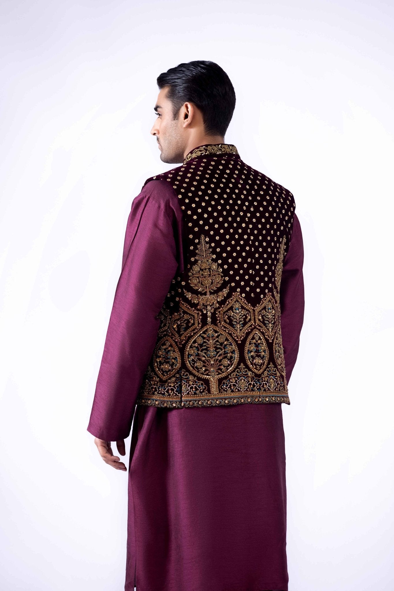 Deep Plum Zardozi Korean Silk Waistcoat Kurta (3-Piece) - Image 8