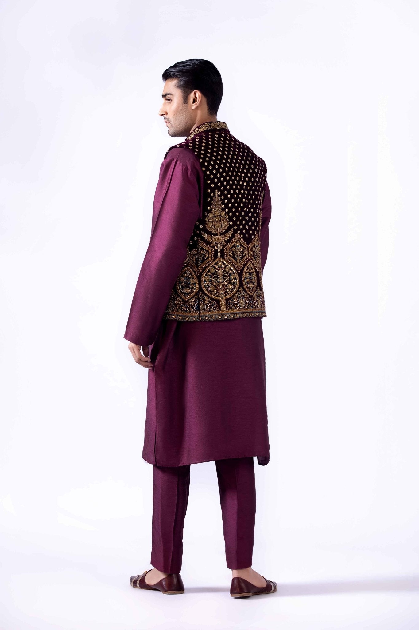 Deep Plum Zardozi Korean Silk Waistcoat Kurta (3-Piece) - Image 9