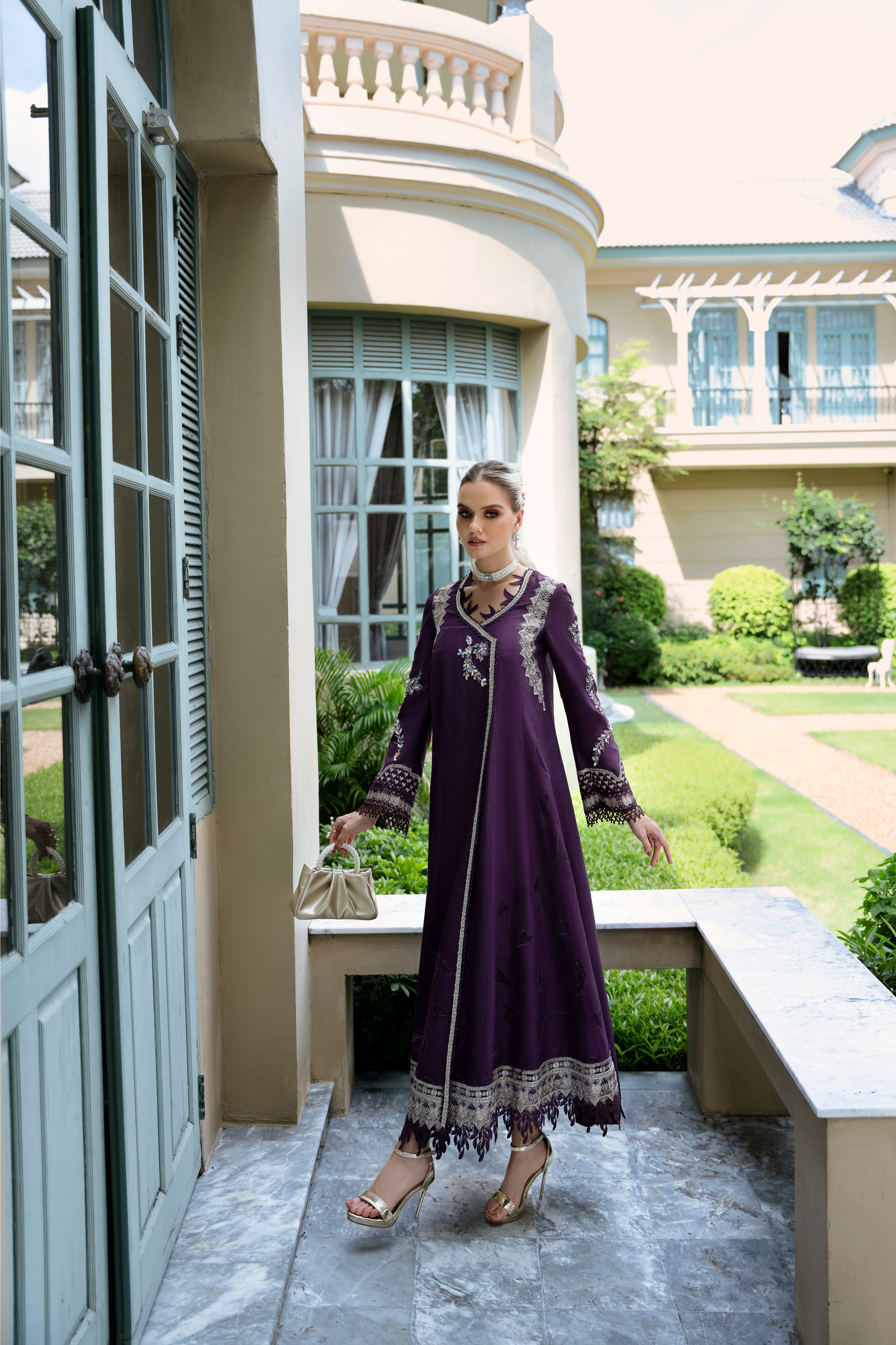 Deep Plum Embroidered Raw Silk Salwar Kameez (2-Piece) - Image 1