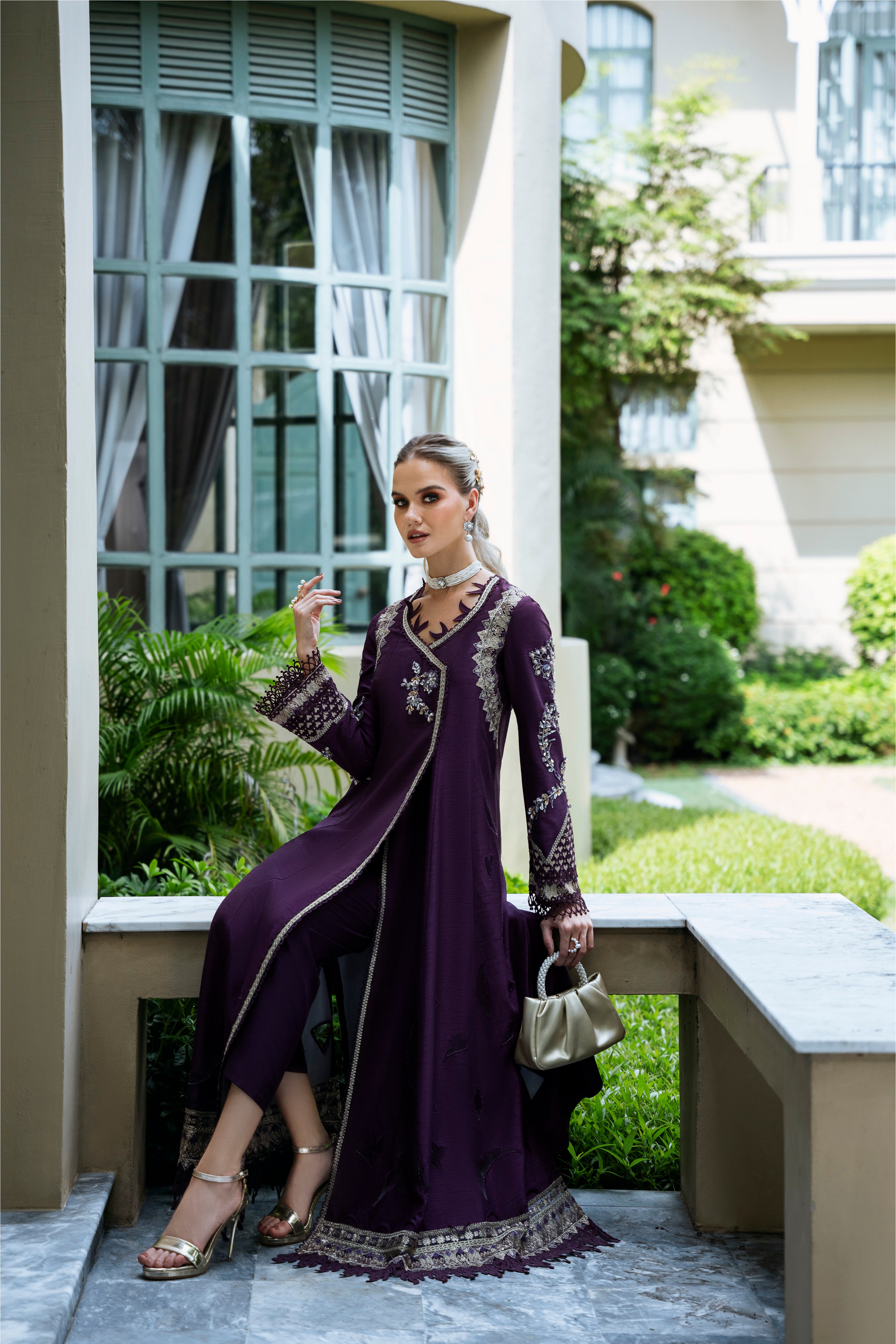 Deep Plum Embroidered Raw Silk Salwar Kameez (2-Piece) - Image 2