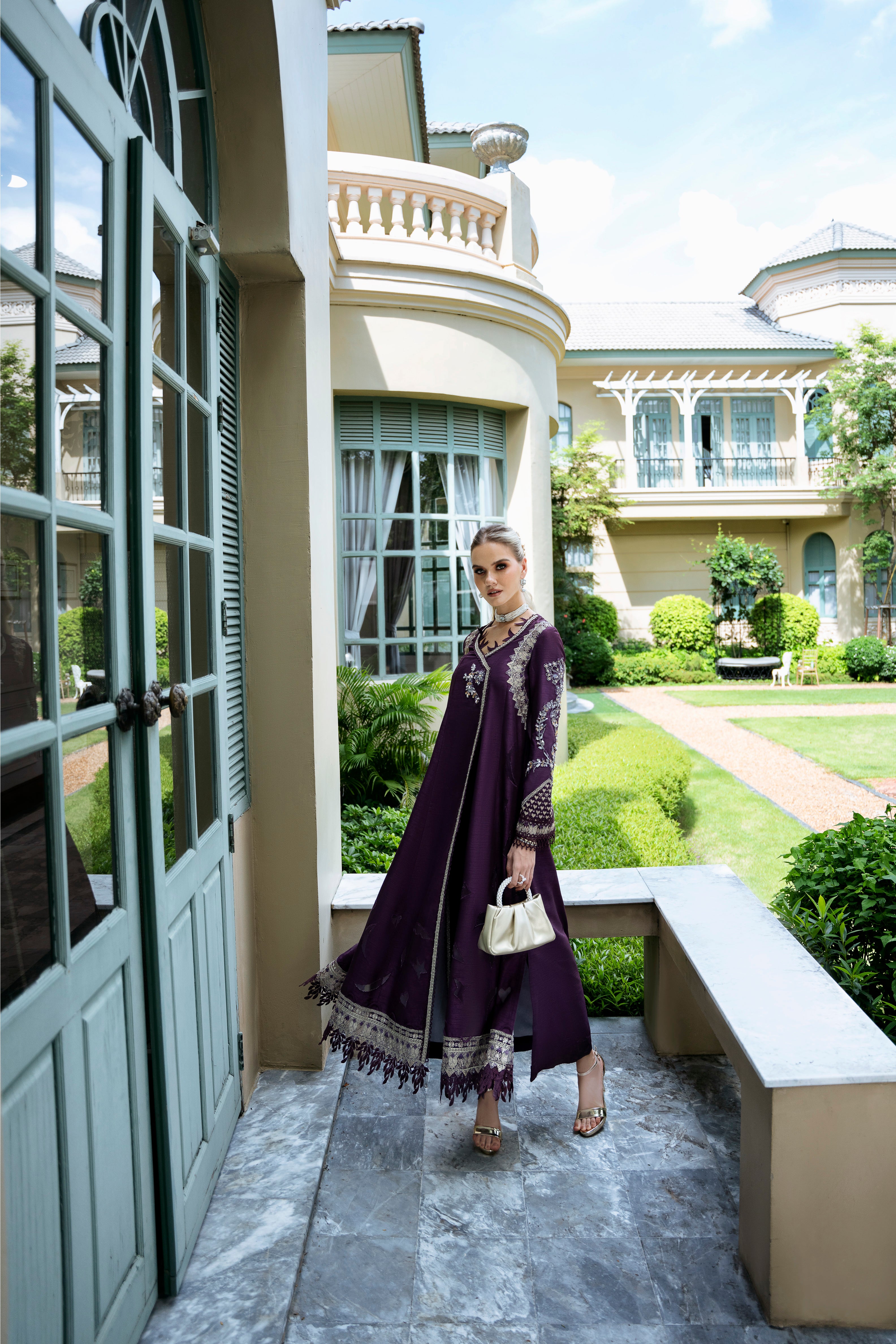 Deep Plum Embroidered Raw Silk Salwar Kameez (2-Piece) - Image 3