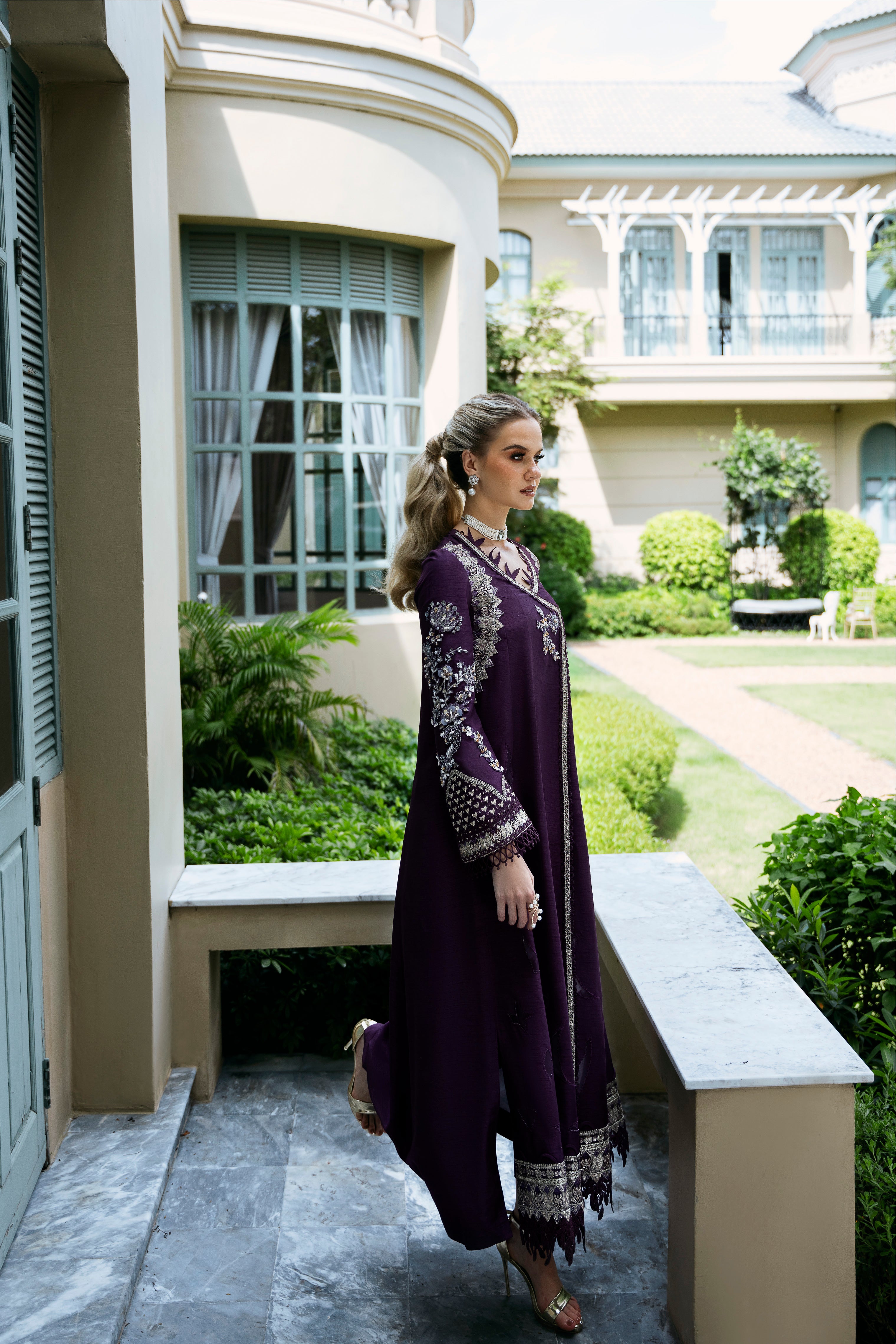 Deep Plum Embroidered Raw Silk Salwar Kameez (2-Piece) - Image 4