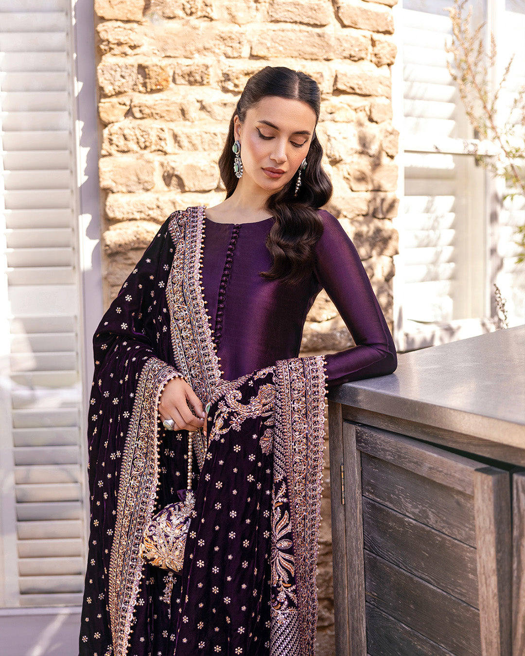 Dark Plum Embroidered Silk Salwar Kameez (3-Piece) - Image 2
