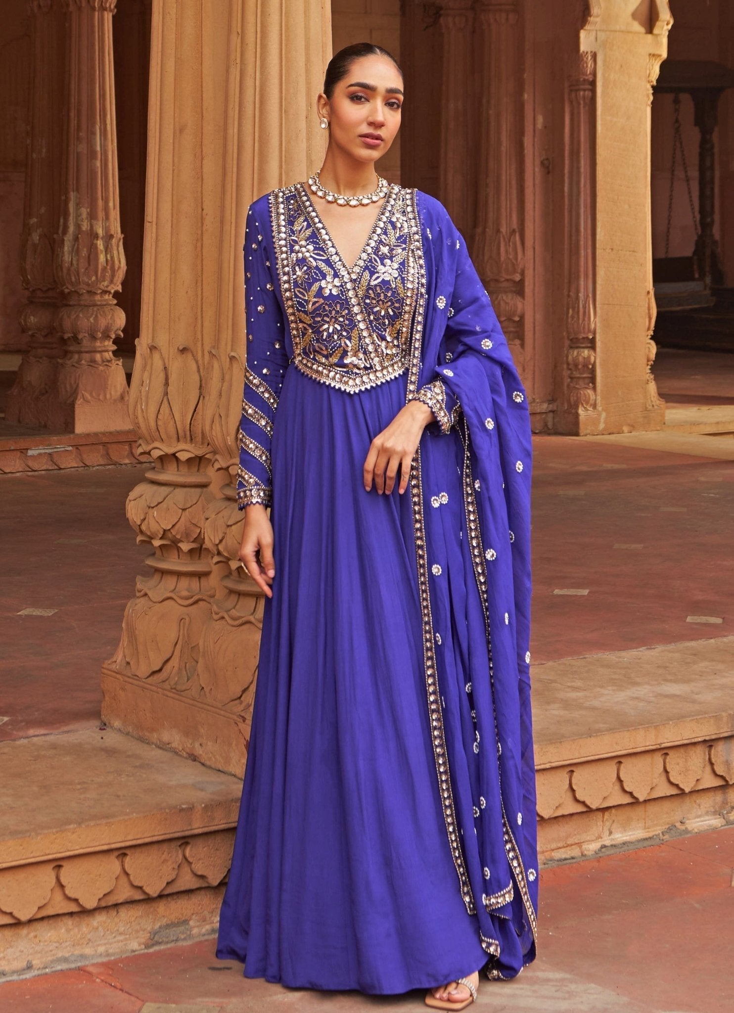 Pakistani Purple Floral Sequin Crepe Anarkali Dress (2-Piece) - Image 1