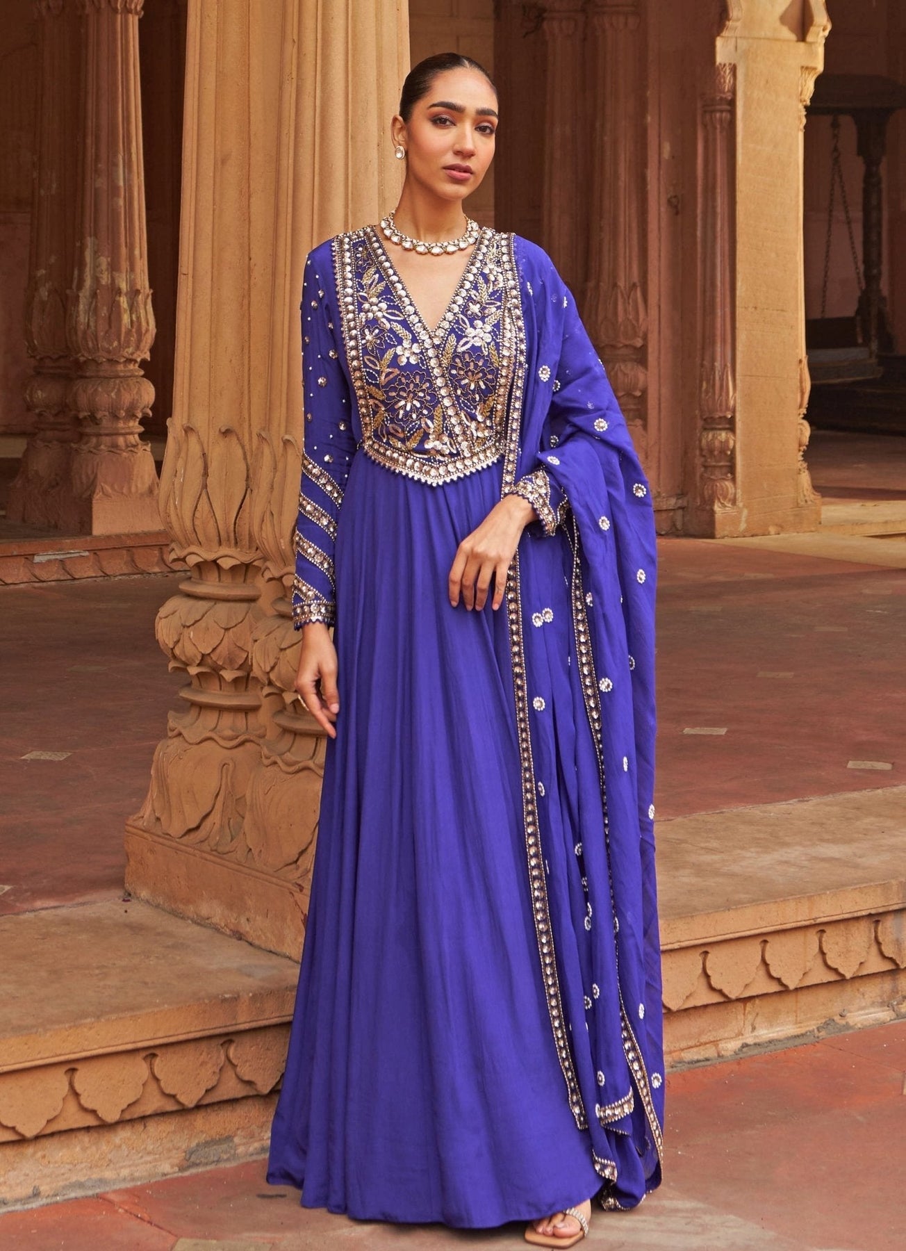 Pakistani Purple Floral Sequin Crepe Anarkali Dress (2-Piece) - Image 2