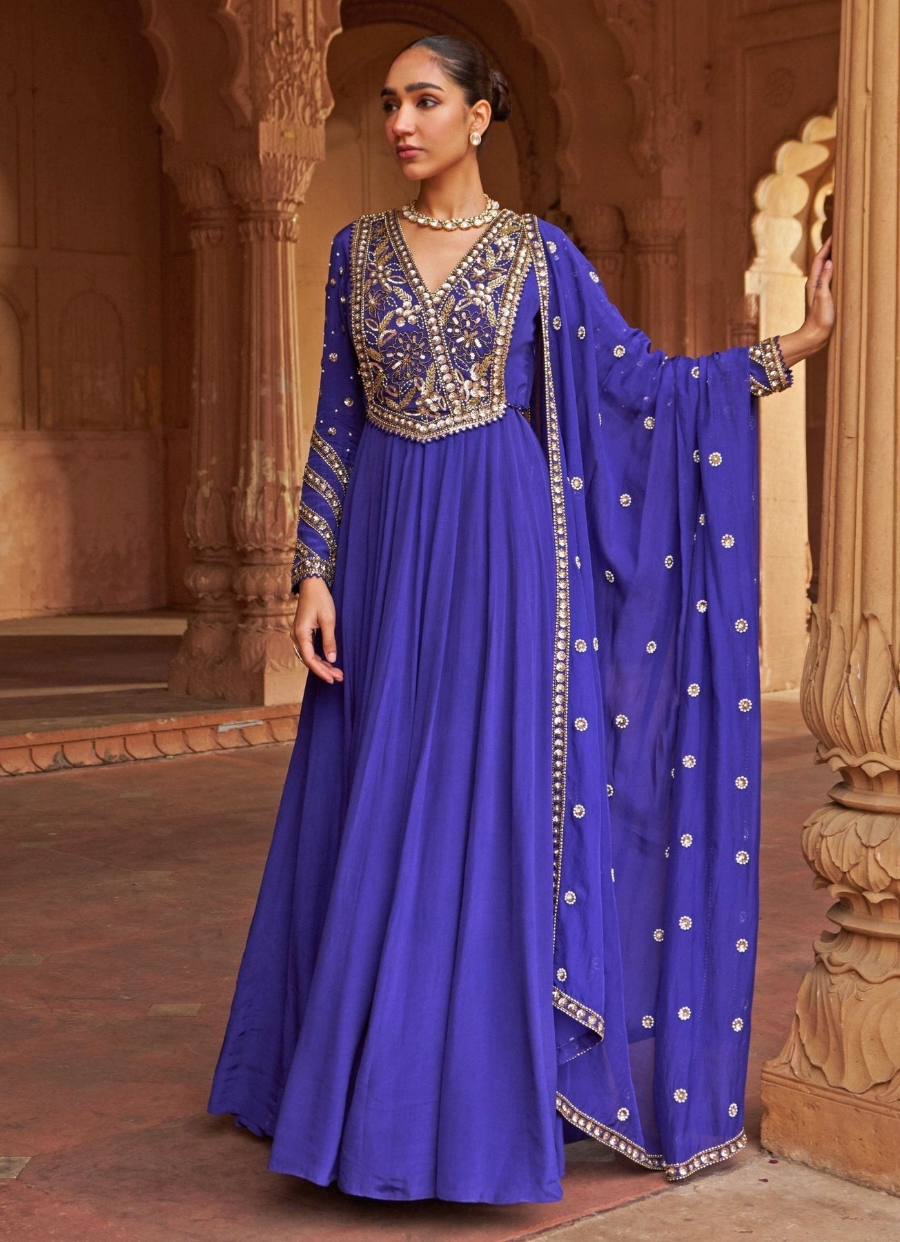 Pakistani Purple Floral Sequin Crepe Anarkali Dress (2-Piece) - Image 3