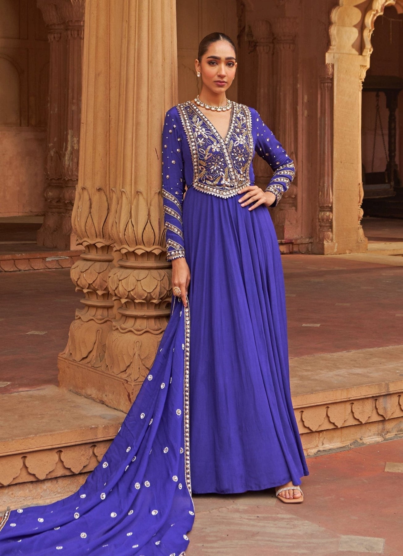 Pakistani Purple Floral Sequin Crepe Anarkali Dress (2-Piece) - Image 4