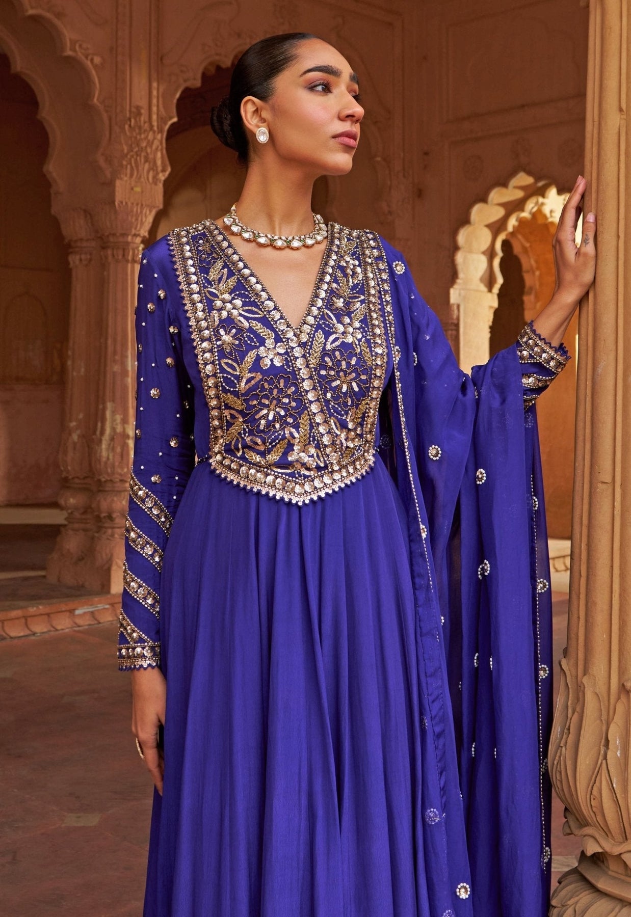 Pakistani Purple Floral Sequin Crepe Anarkali Dress (2-Piece) - Image 5