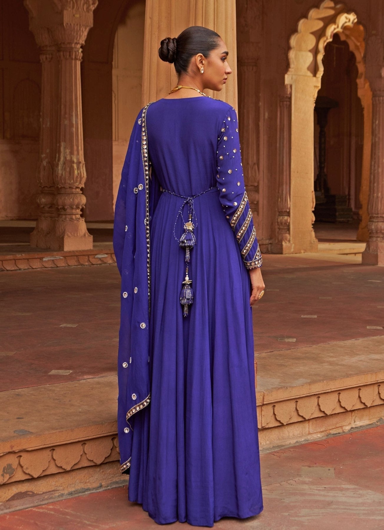 Pakistani Purple Floral Sequin Crepe Anarkali Dress (2-Piece) - Image 6