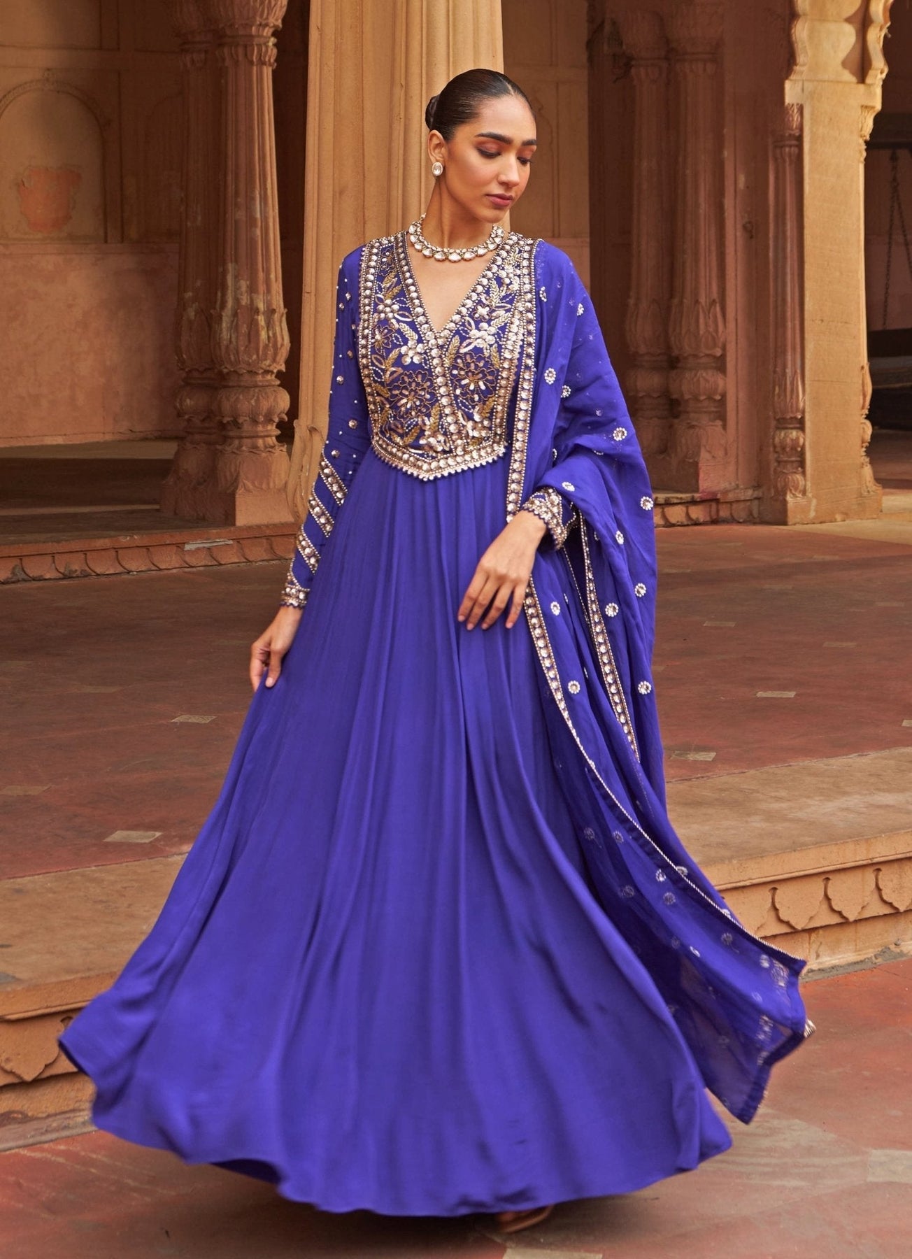 Pakistani Purple Floral Sequin Crepe Anarkali Dress (2-Piece) - Image 7