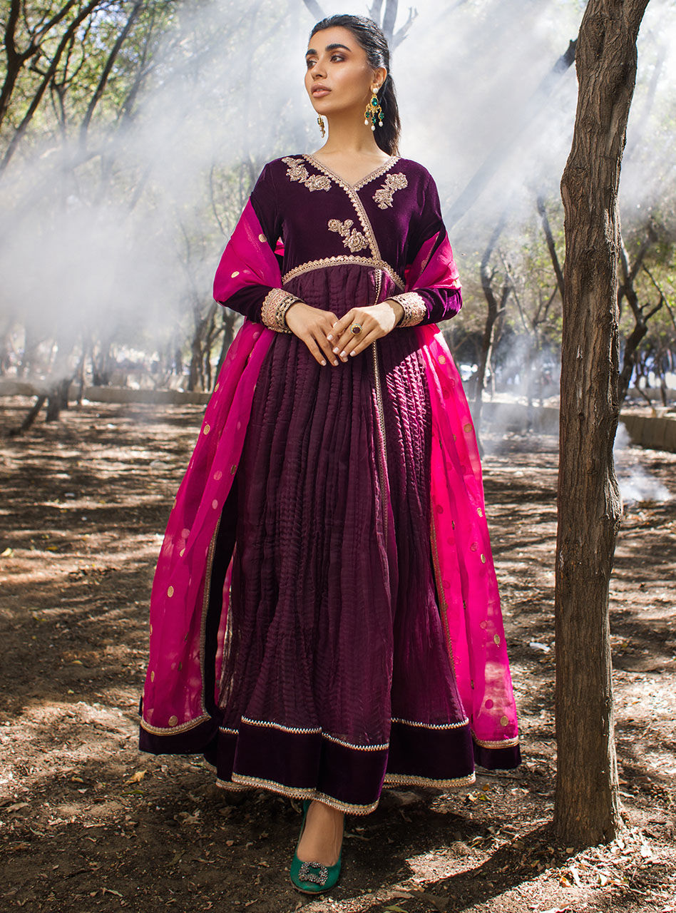 Plum Embroidered Crushed Velvet Anarkali Dress (3-Piece) - Image 1