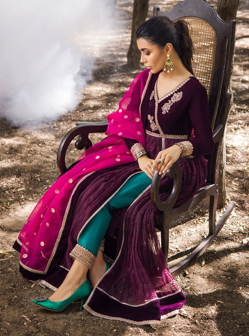 Plum Embroidered Crushed Velvet Anarkali Dress (3-Piece) - Image 10
