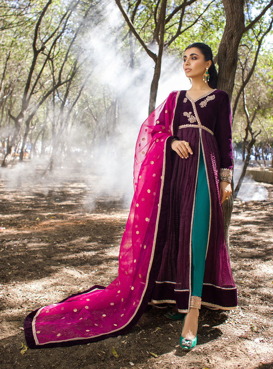 Plum Embroidered Crushed Velvet Anarkali Dress (3-Piece) - Image 2