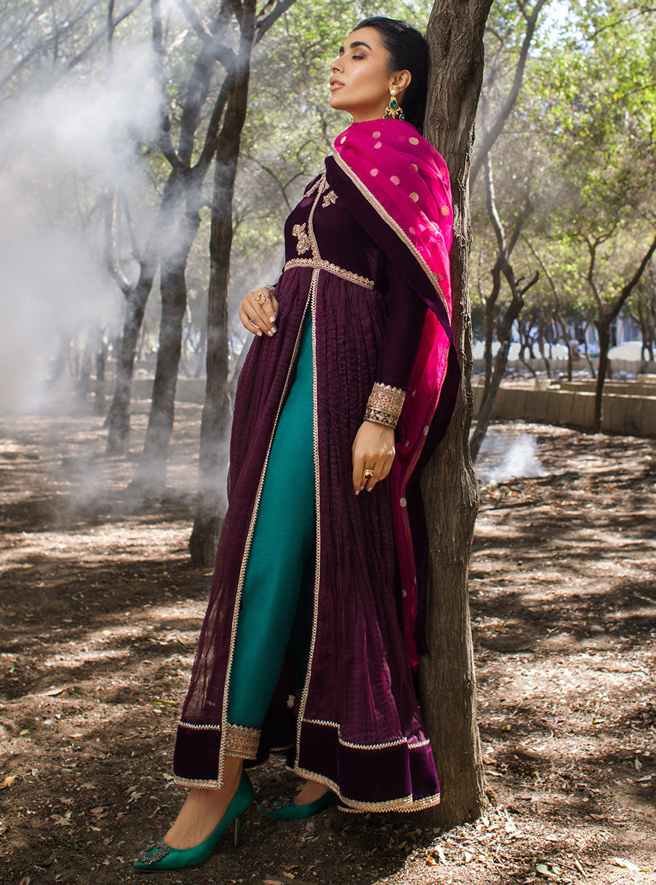 Plum Embroidered Crushed Velvet Anarkali Dress (3-Piece) - Image 4