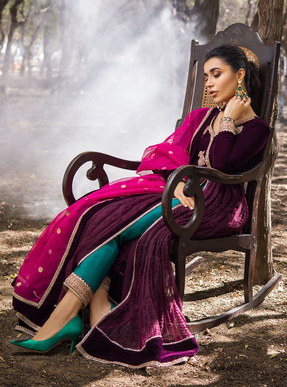 Plum Embroidered Crushed Velvet Anarkali Dress (3-Piece) - Image 5