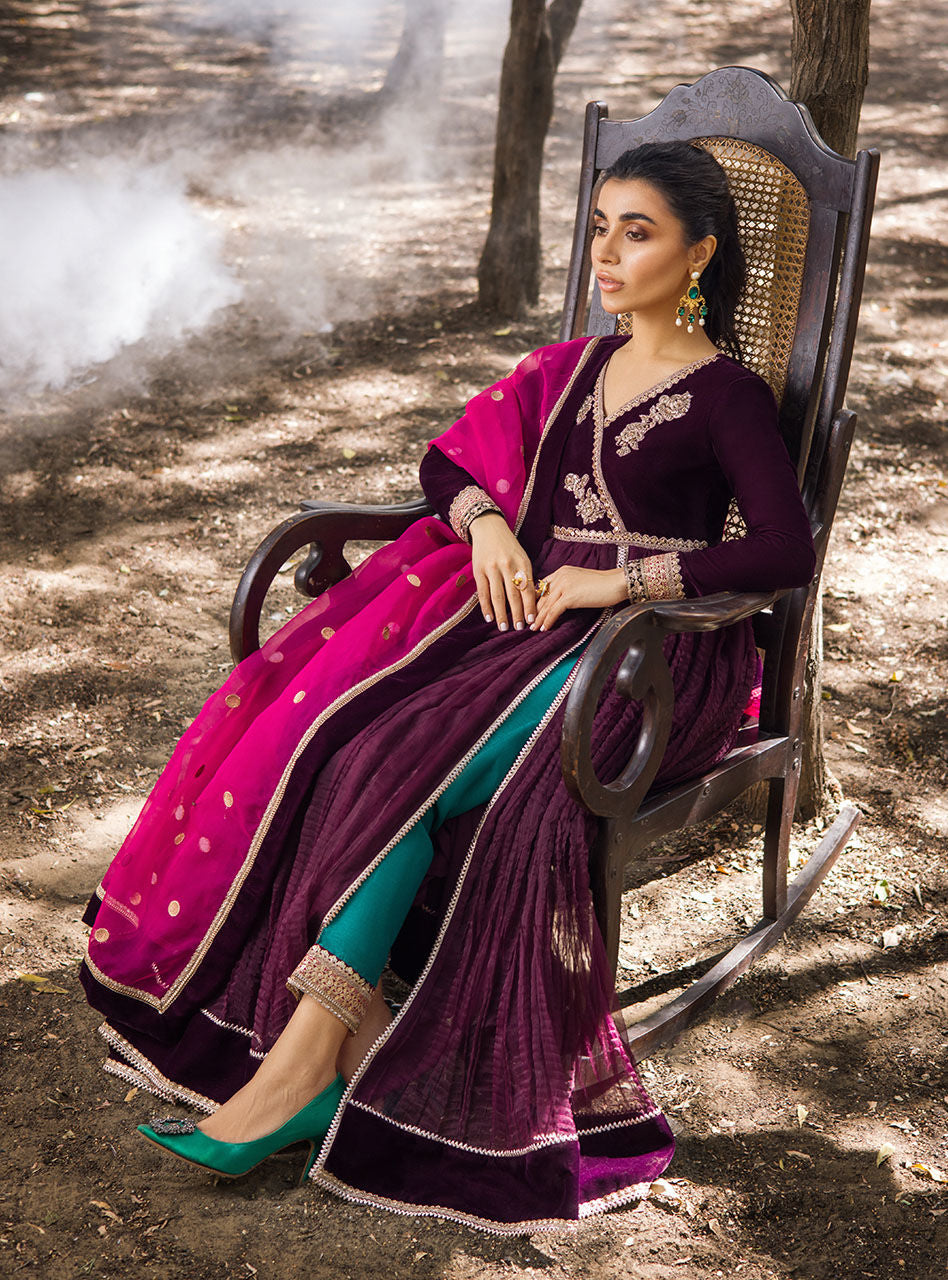 Plum Embroidered Crushed Velvet Anarkali Dress (3-Piece) - Image 6