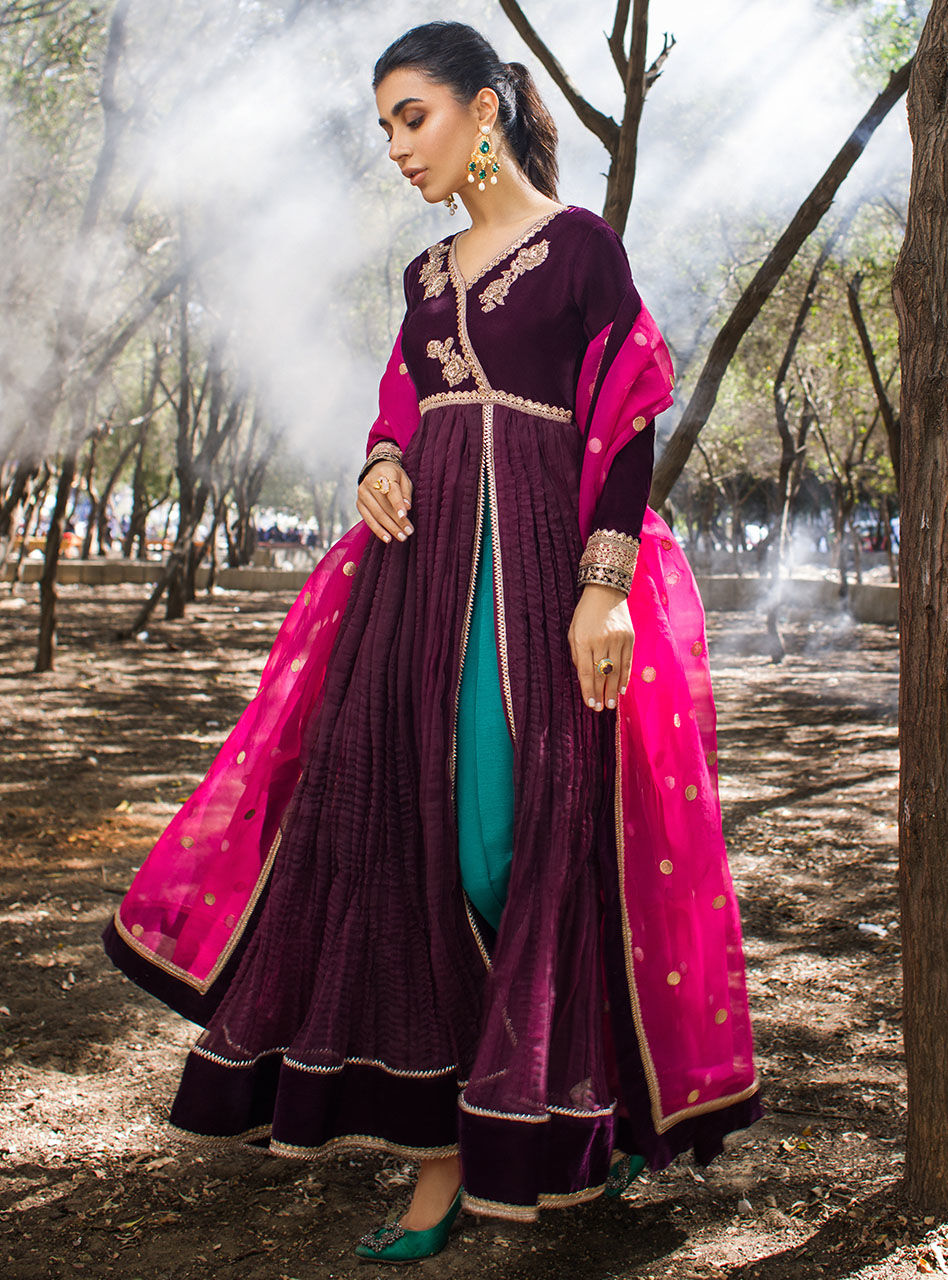 Plum Embroidered Crushed Velvet Anarkali Dress (3-Piece) - Image 7