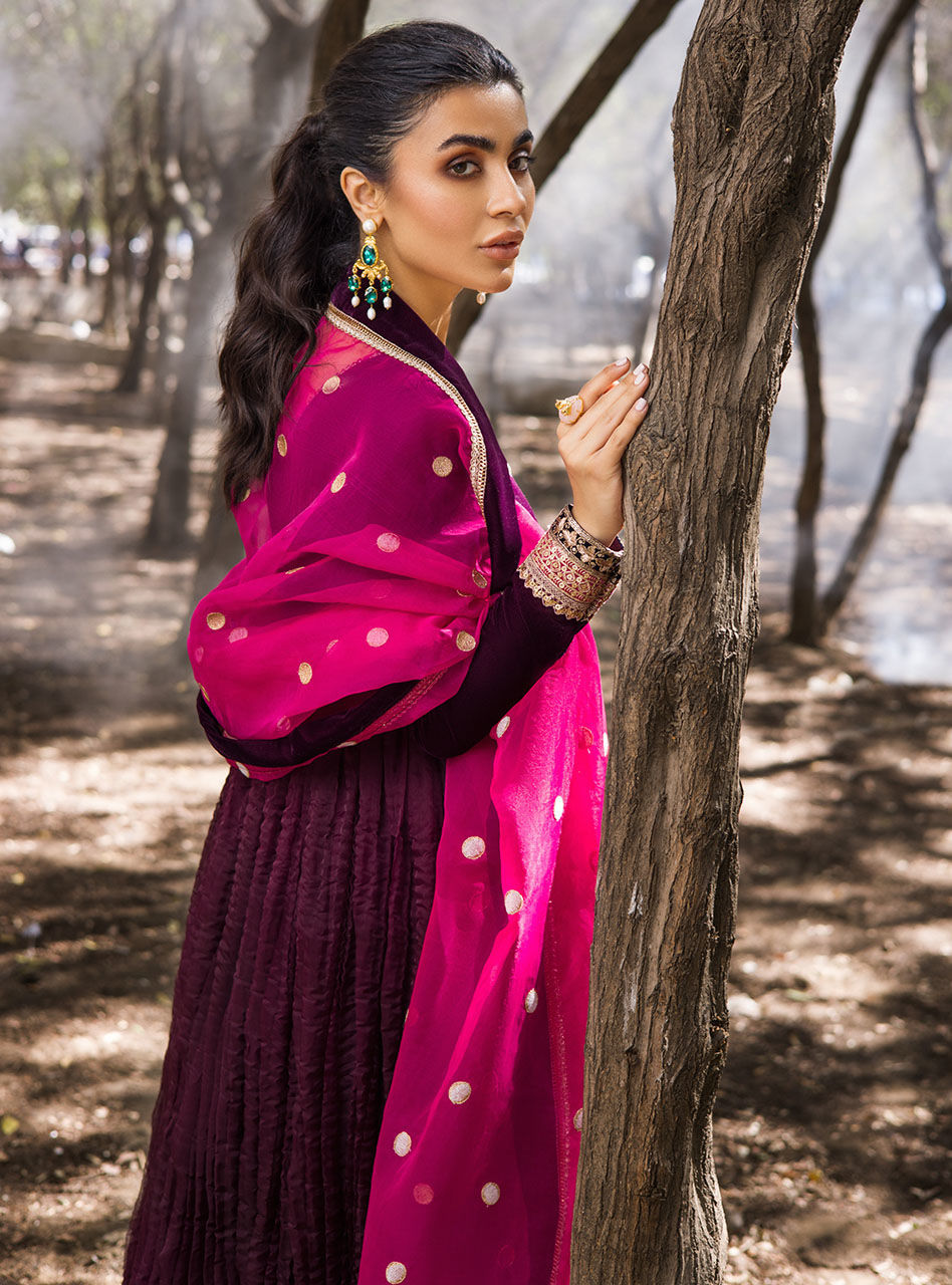 Plum Embroidered Crushed Velvet Anarkali Dress (3-Piece) - Image 8