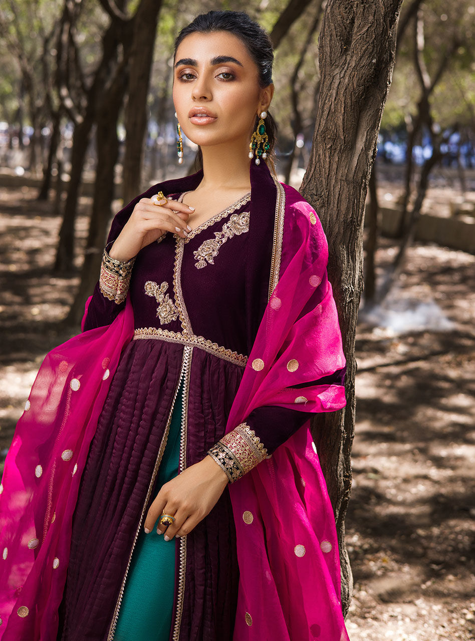 Plum Embroidered Crushed Velvet Anarkali Dress (3-Piece) - Image 9